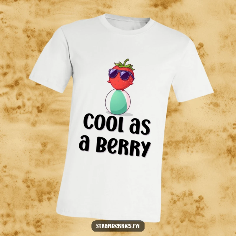 Funny strawberry wearing sunglasses balancing on a beach ball, a humorous graphic tee for summer lovers.