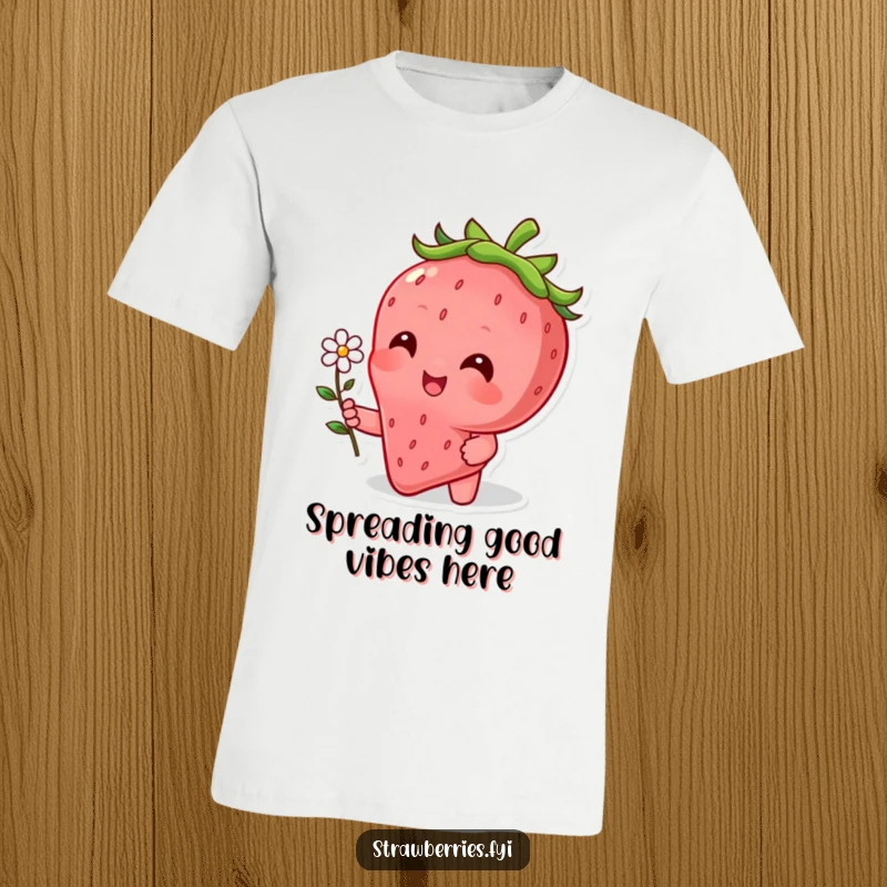 Funny t-shirt displaying a smiling strawberry character holding out a small, lovely flower, showcasing cheerful vibes.