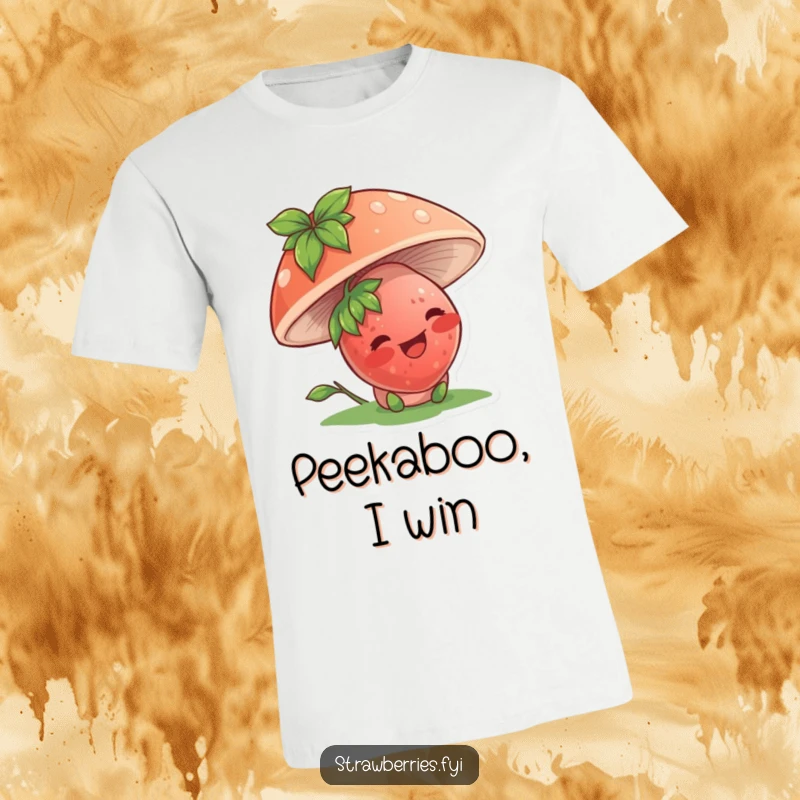 Funny t-shirt showing a giggling strawberry character hiding under a mushroom, perfect for playful, humorous moments.