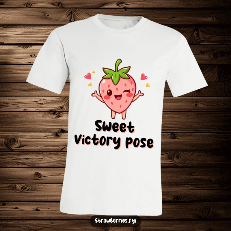 Funny t-shirt with a strawberry character striking a triumphant celebratory pose and winking, embodying success and humor.