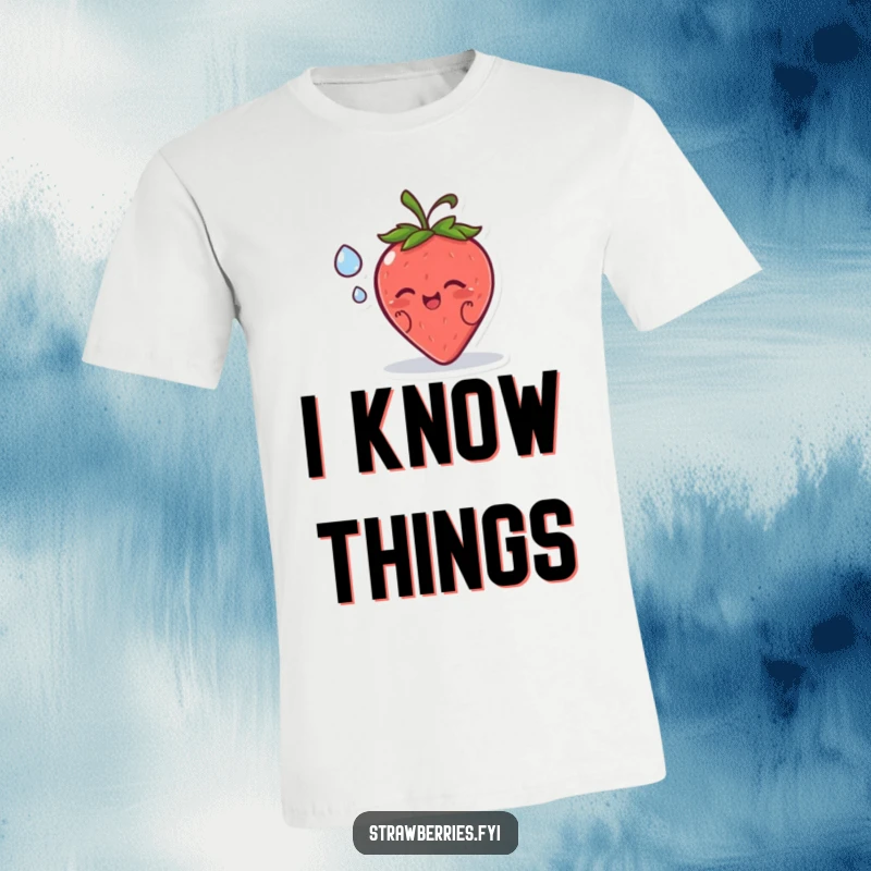 Funny t-shirt with a happy strawberry character sharing a secret with a dewdrop, conveying gentle humor.