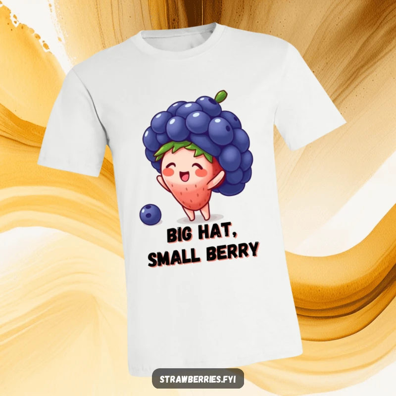 Funny t-shirt showing a small strawberry character joyfully trying to wear a huge blueberry like a hat, representing adorable fashion.