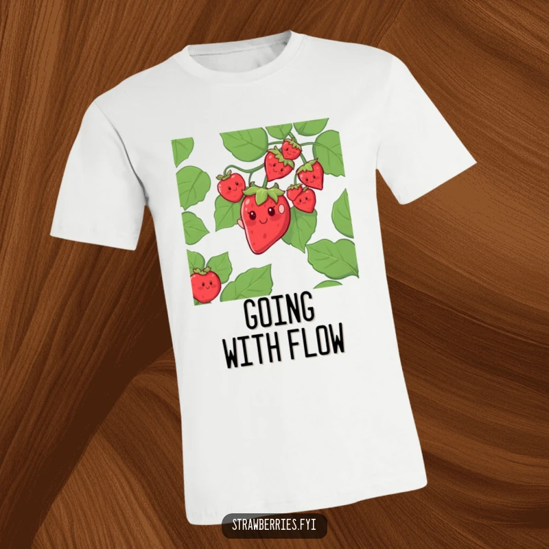 Funny t-shirt of a cheerful strawberry character joyfully sliding down a giant leafy vine, a thrilling adventure.