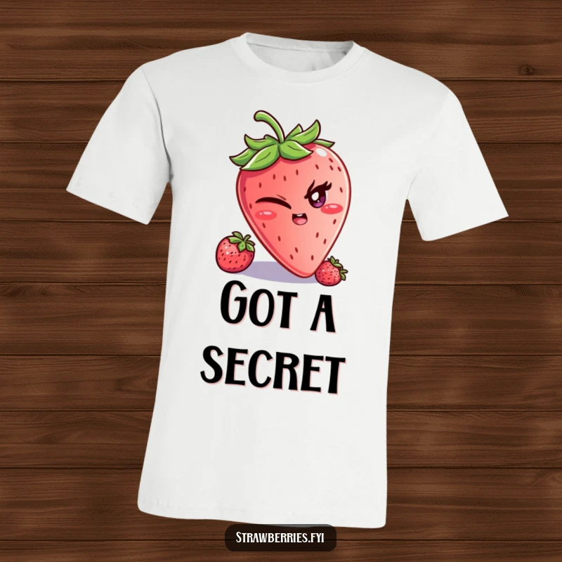Funny T-Shirt: A strawberry character winking slyly with a mischievous glint, exuding playful confidence and humor.
