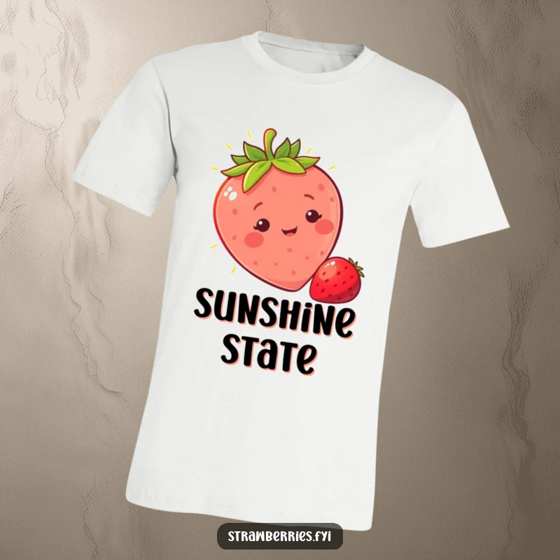 Funny sunny strawberry t-shirt featuring a character basking in a warm light, conveying cheerful warmth and humorous positivity.