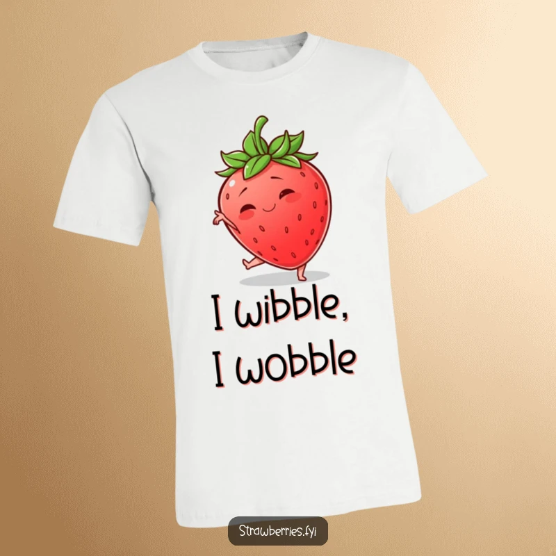 Funny T-Shirt showing a wobbly anthropomorphic strawberry hilariously attempting a graceful yoga pose, exuding comedic struggle.