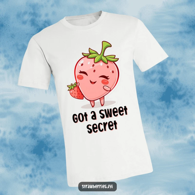 Funny t-shirt showcasing a mischievous anthropomorphic strawberry with a bold wink, embodying playful charm.