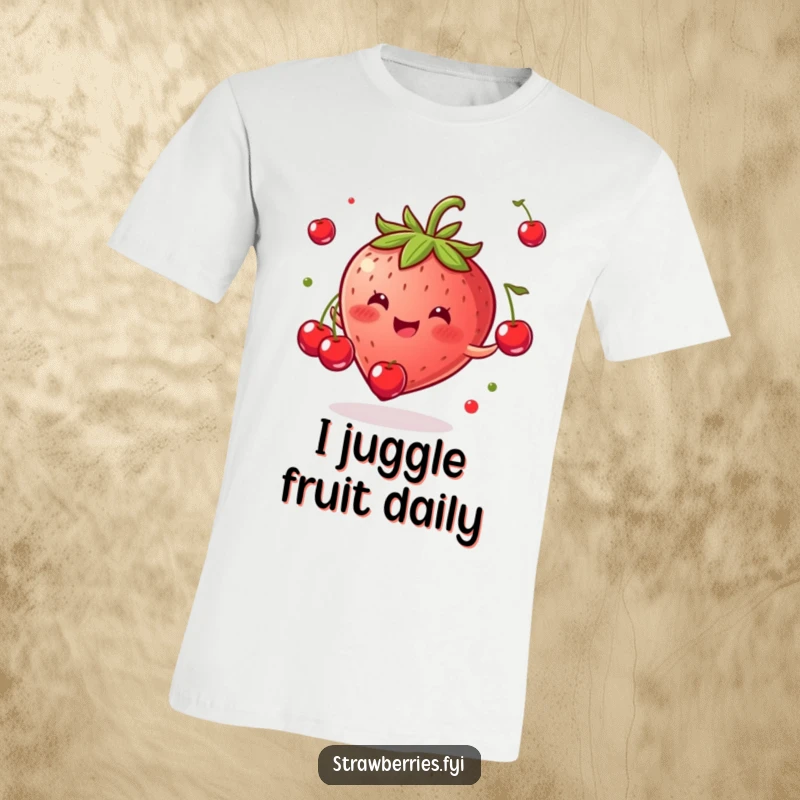 Funny t-shirt with a gleeful strawberry character joyfully juggling several small cherries, looking extremely happy.