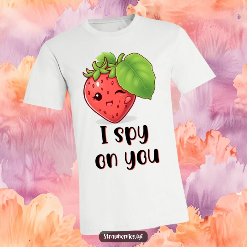 Funny t-shirt displaying a mischievous strawberry character hiding behind a large leaf, perfect for playful, humorous moments.