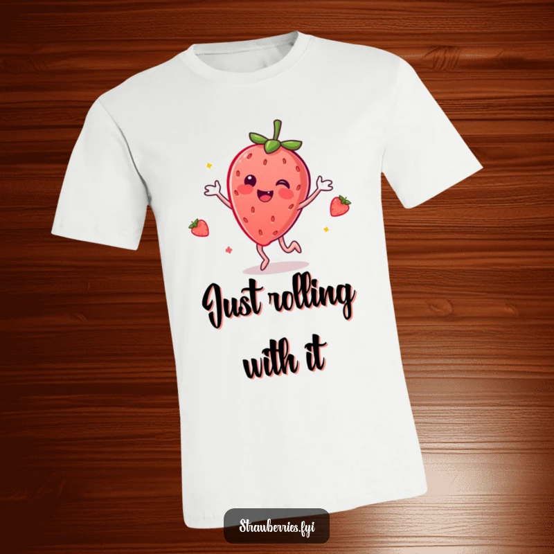 Funny t-shirt showcases a happy anthropomorphic strawberry doing a lively dance, radiating pure delight.
