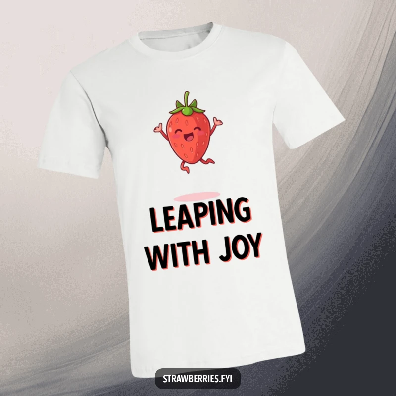 Funny t-shirt showing an anthropomorphic strawberry jumping for joy, radiating infectious happiness and excitement.