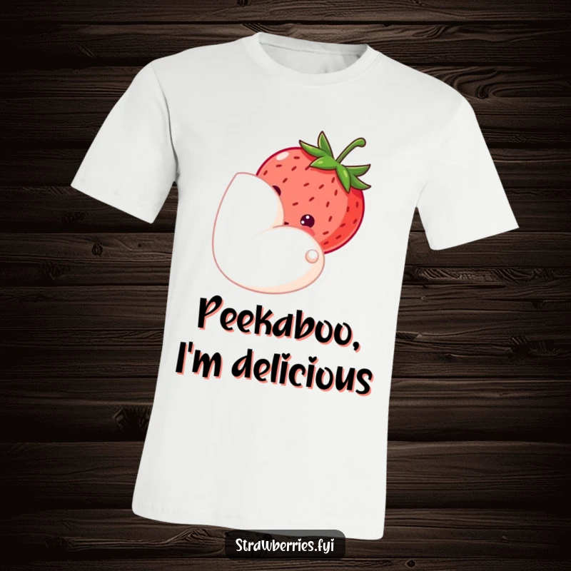 Funny t-shirt showing a strawberry peeking shyly from behind a petal, embodying sweetness and gentle modesty.