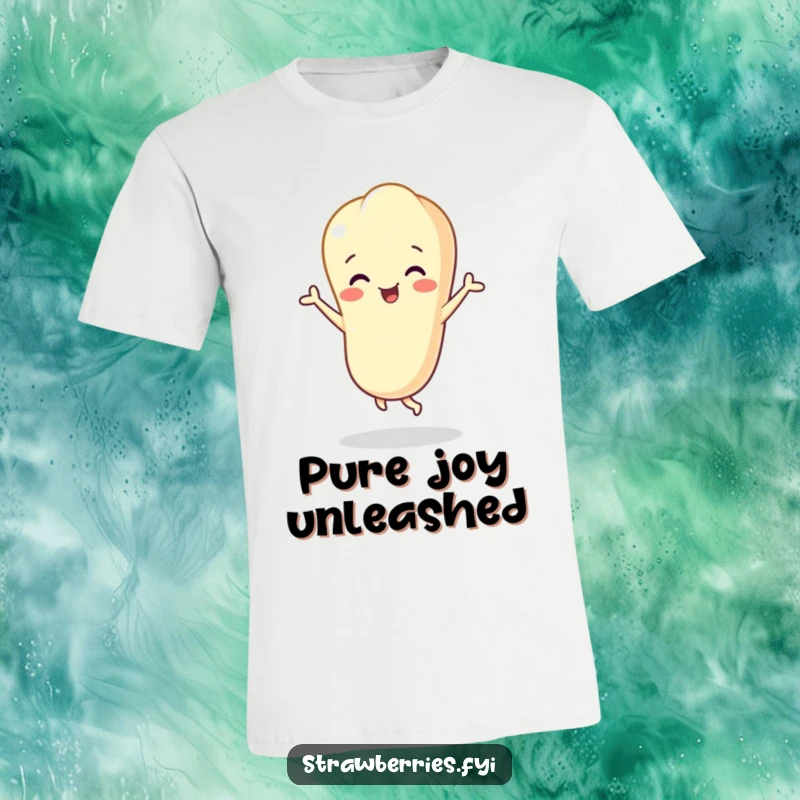 Funny vanilla bean character in a happy dance pose, graphic tee for joyful apparel and funny gift.