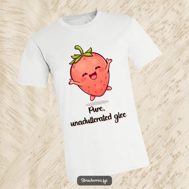 Funny t-shirt showcasing a plump, cheerful Kawaii strawberry character executing a joyful leap with sheer delight.