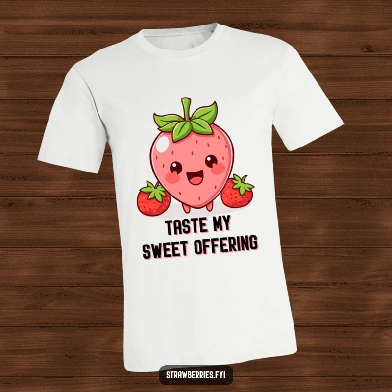 Funny t-shirt graphic of a cheerful Kawaii strawberry character with an inviting smile, holding out a tiny piece.