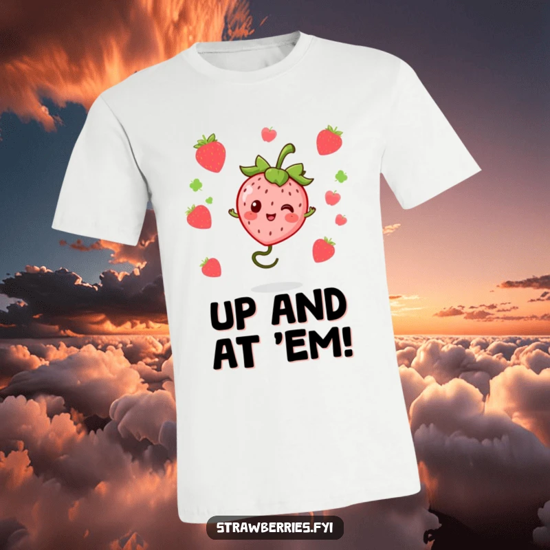 Funny kawaii strawberry character bouncing high on a springy stem, featured on a comfortable and fun t-shirt.