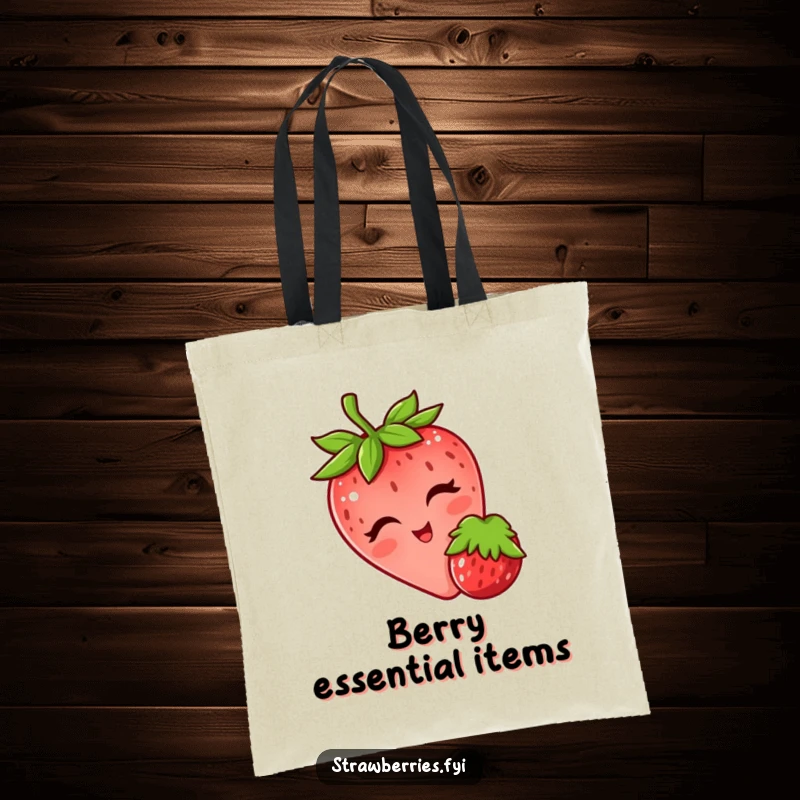 Funny tote bag featuring a winking strawberry playfully nudging a berry, perfect for carrying items with a cheerful, flirty vibe.