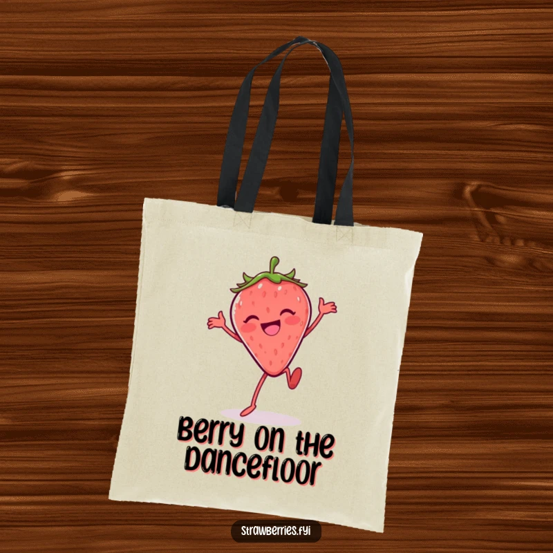Funny Silly Dance Strawberry Tote Bag: A happy strawberry doing a funny dance, perfect for carrying your gear.