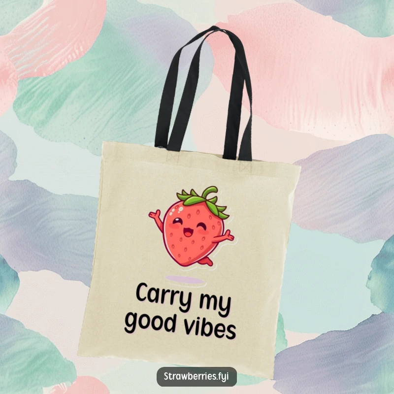 Funny Tote Bag: Kawaii strawberry character in a dynamic, joyful leap, carrying happiness wherever you go with its green leaves.