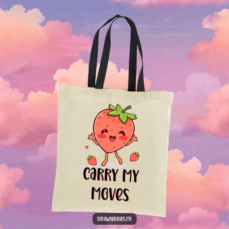 Funny kawaii strawberry character performing a joyful wobble dance on this humorous and practical tote bag.