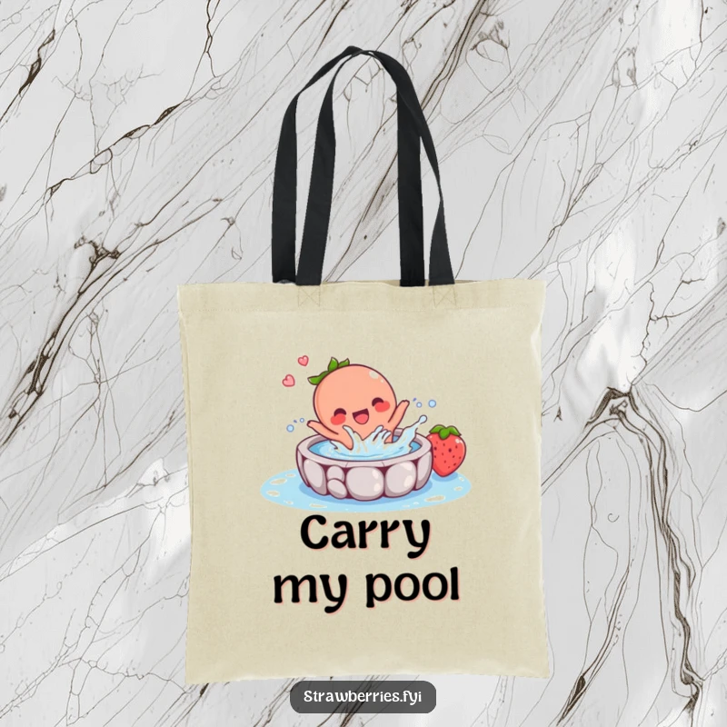 Funny tote bag illustrating a happy strawberry character joyfully splashing in a small pool, perfect for carrying daily necessities with humor.