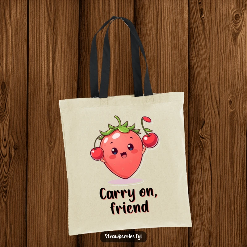 Funny strawberry character gleefully tossing a tiny cherry, a vibrant and humorous tote bag for everyday use.