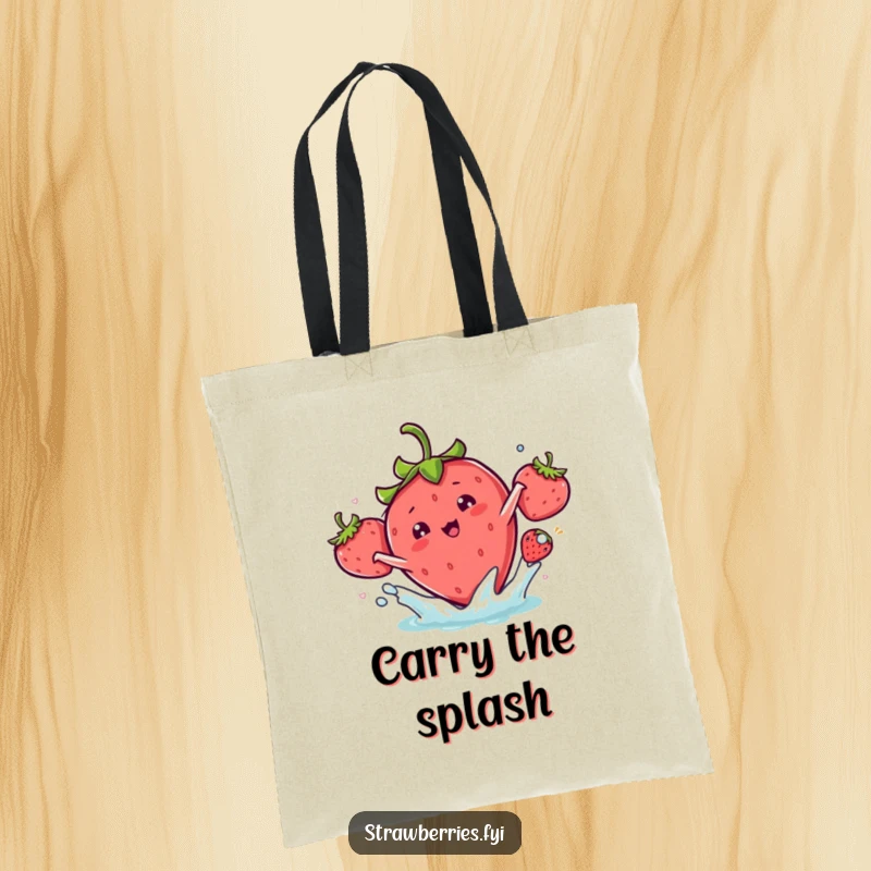 Funny kawaii strawberry character performing a playful splash on this humorous and practical tote bag.