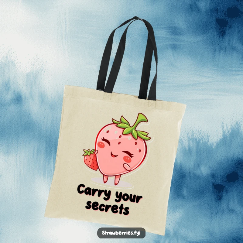 Funny tote bag with a winking anthropomorphic strawberry, perfect for carrying daily items with a playful touch.