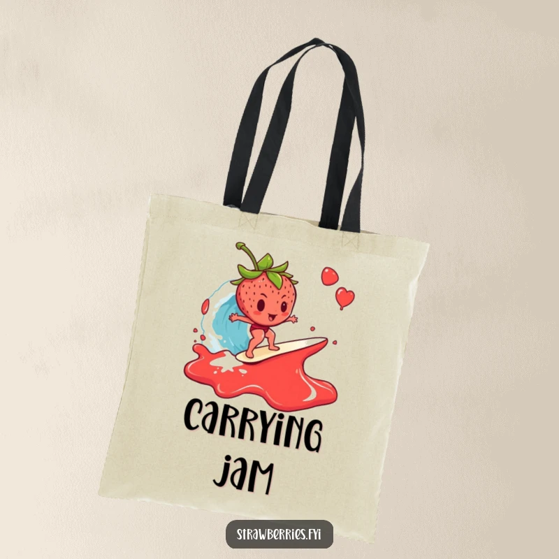 Funny Tote Bag: A strawberry bravely surfing on a cresting wave of jam, a humorous and practical accessory.