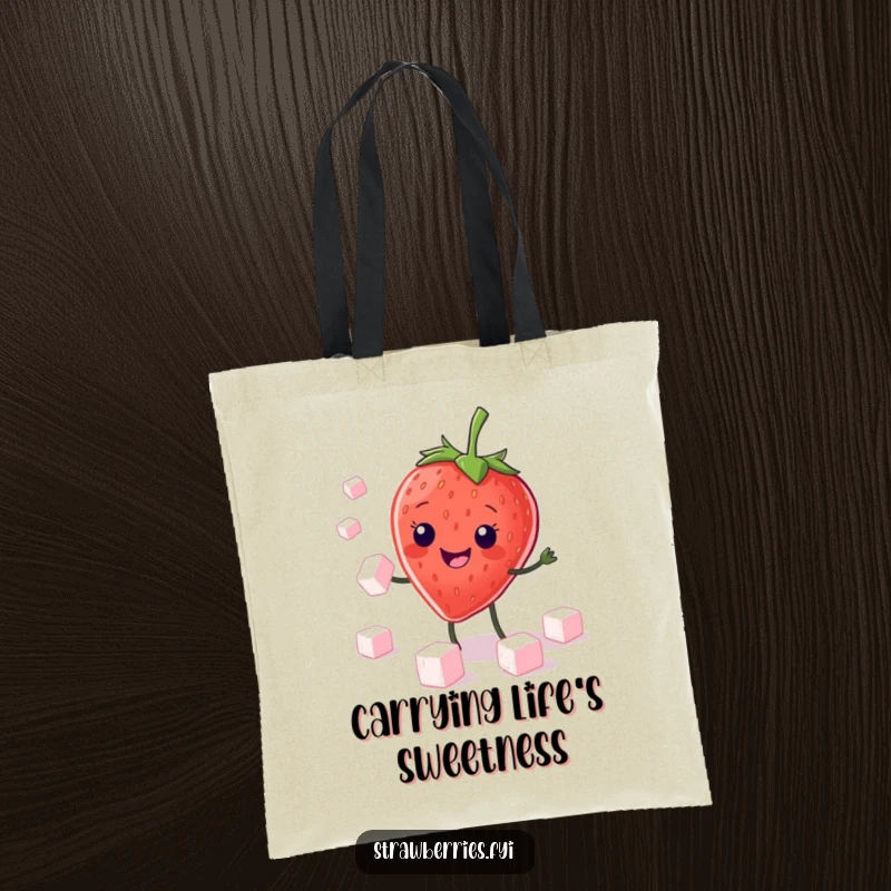 Funny Tote Bag: Kawaii strawberry character grinning while juggling sugar cubes, perfect for carrying treats and essentials with style.