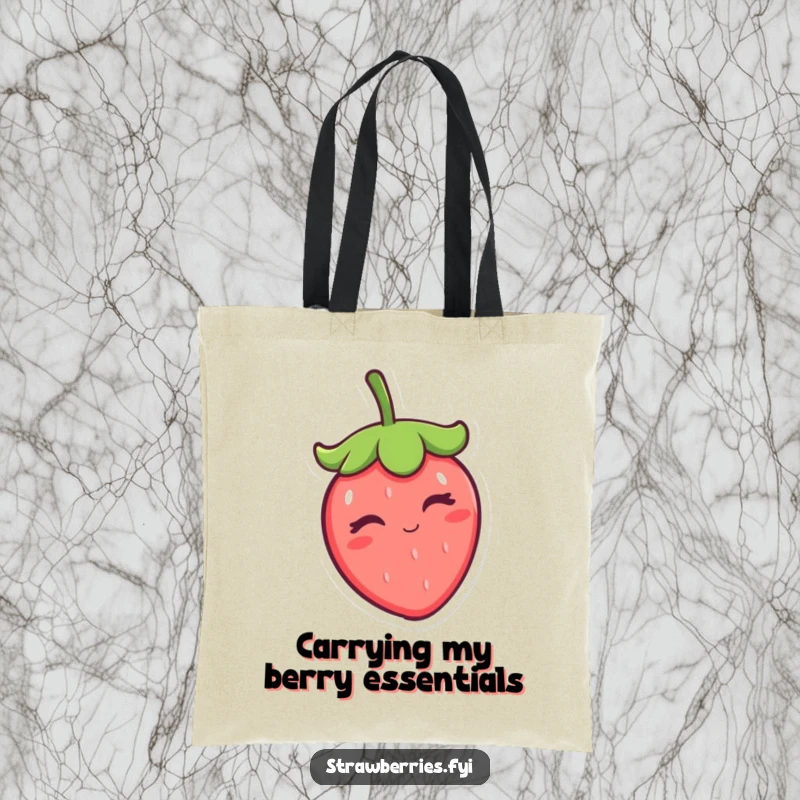 Funny kawaii strawberry character winking and tipping its cap, printed boldly on a durable tote bag for stylish, humorous carrying.