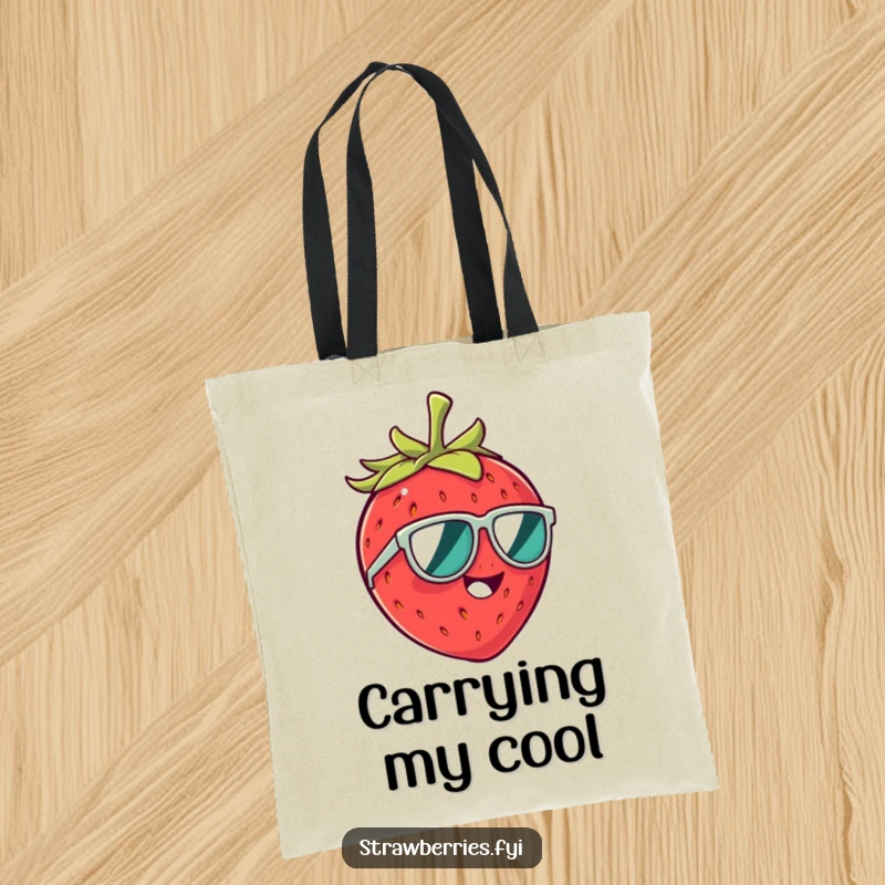 Funny tote bag featuring a giggling strawberry character in tiny sunglasses, perfect for carrying essentials with a humorous touch.