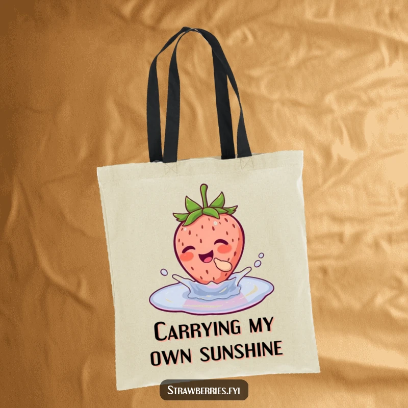Funny tote bag depicting a joyful strawberry character gleefully splashing in a small puddle, showcasing a fun-loving and exuberant attitude.