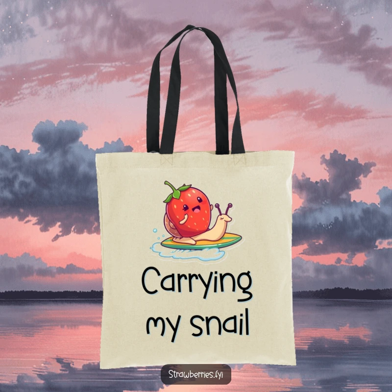 Funny tote bag featuring a strawberry character surfing on a snail like a surfboard, perfect for carrying essentials with quirky humor.