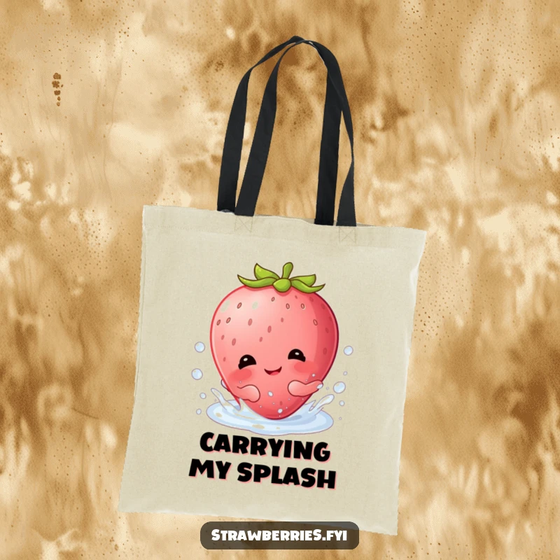 Funny tote bag illustration of a happy Kawaii strawberry character giggling and splashing playfully within a shiny dewdrop.