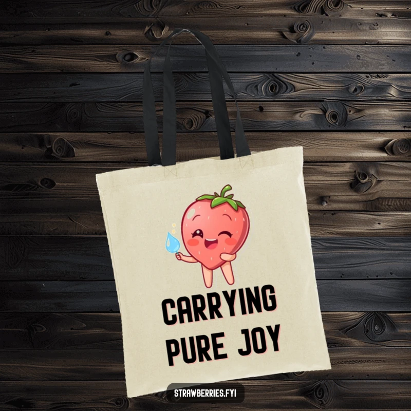 Funny tote bag with a happy strawberry character holding a sparkling dewdrop, ideal for carrying items with cheerful humor.