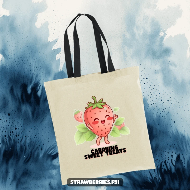 Funny tote bag showing a blushing strawberry character dancing with its leaves, a charming and humorous accessory.