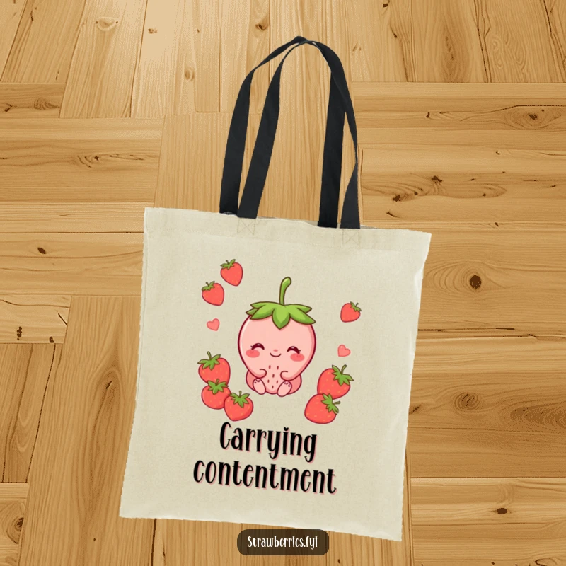 Funny tote bag with a peaceful strawberry character sitting contentedly with a smile, promoting a sense of calm and well-being.