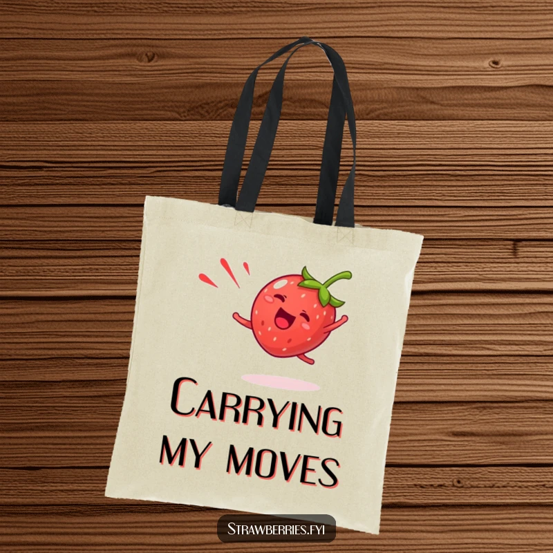 Funny strawberry tote bag depicting a giddy fruit character doing a happy cartwheel with a red streak, a humorous and dynamic accessory.