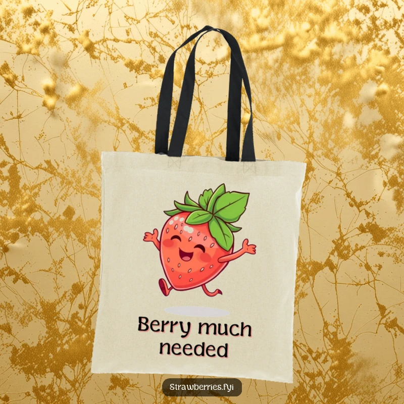 Funny tote bag featuring a happy strawberry character with a leafy crown, doing a joyful hop, perfect for carrying groceries with a fruity vibe.