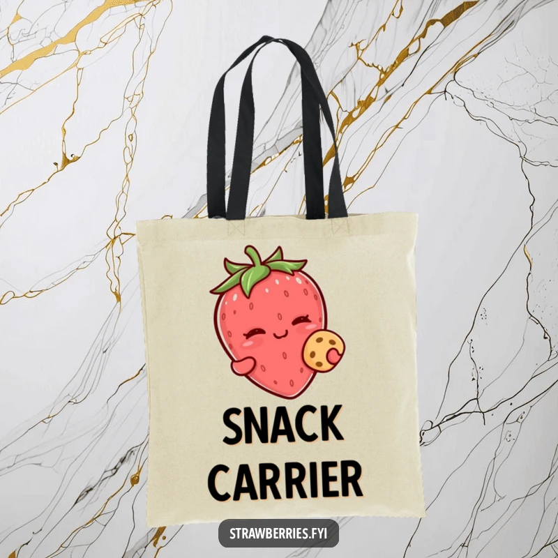 Funny kawaii strawberry character winking while holding a small cookie on this humorous tote bag.