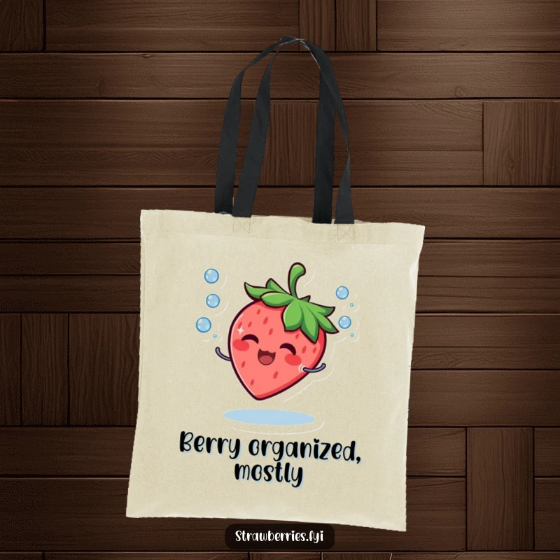 Funny Tote Bag with a giggling strawberry character skillfully juggling miniature water droplets with a beaming smile.