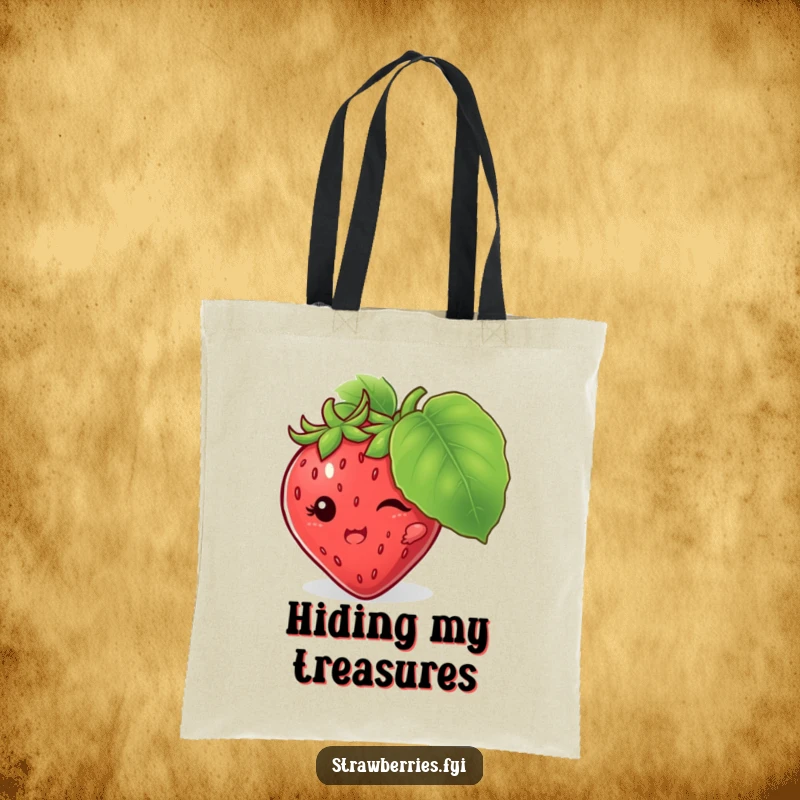 Funny tote bag with a mischievous strawberry character hiding behind a large leaf, a charming and humorous accessory.
