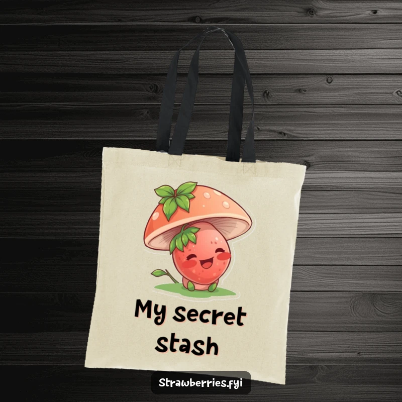 Funny tote bag with a giggling strawberry character hiding under a mushroom, a charming and humorous accessory.