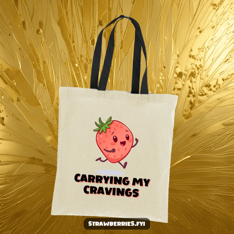 Funny tote bag with a strawberry character on tiny legs sprinting towards a huge spoon, symbolizing a love for sweet treats.
