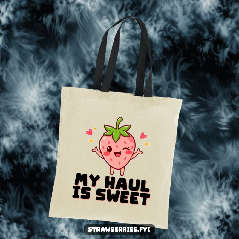 Funny tote bag with a strawberry character striking a victory pose and winking, perfect for carrying essentials with flair.