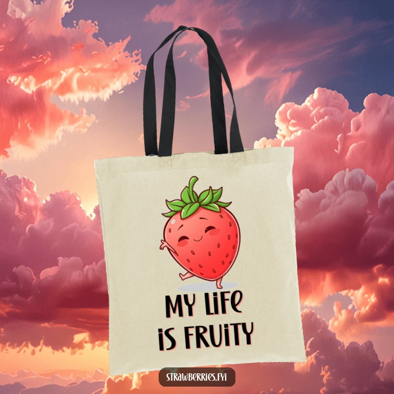 Funny tote bag featuring a wobbly anthropomorphic strawberry hilariously attempting a graceful yoga pose, ideal for carrying funny vibes.