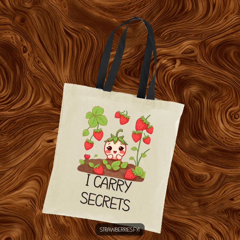 Funny Curious Strawberry Tote Bag: A shy strawberry peeking from a garden patch, perfect for carrying treasures.