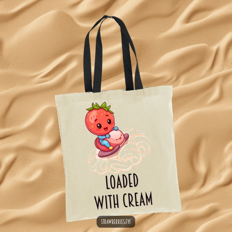 Funny Tote Bag: A strawberry zooming down a ramp made of whipped cream, a humorous and delightful accessory.