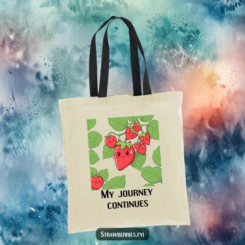 Funny tote bag showing a cheerful strawberry character sliding down a giant leafy vine, a practical and adventurous accessory.
